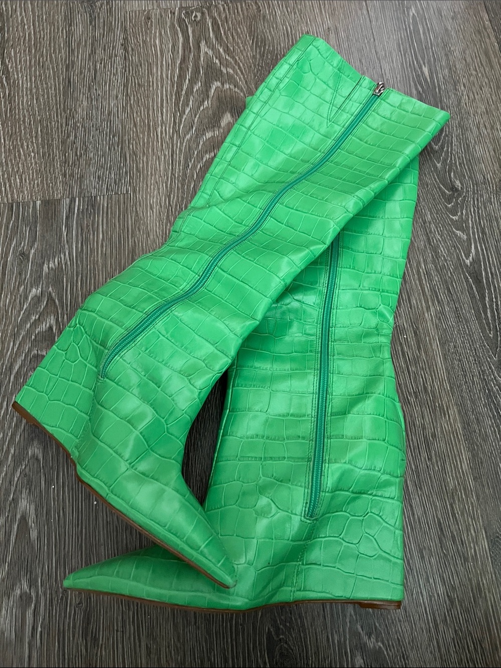 SCHUTZ Green Croc-Embossed Wedge Knee Boot